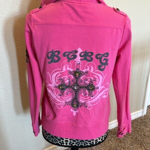 Women’s BCBG pink jacket with hoodie, cross/embellishments, size L